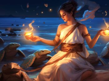 A woman holding a cup with a fire in her hand.