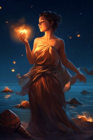 A woman holding a fire in her hand.