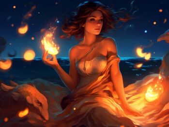 A woman holding fire in her hand.