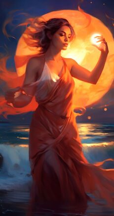 A woman holding a large yellow moon.