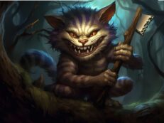 A cheshire cat holding a knife in the woods.