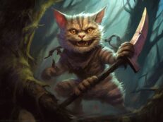 A cat holding a sword in the woods.