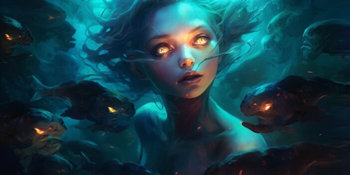 A woman in the water with fish.