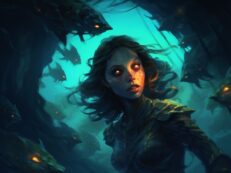 A woman in a dark cave with fish in the background.