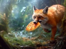 A fox is eating a pizza in the woods.