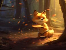 A fox holding a pizza in the woods.