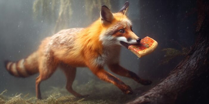 A fox with a pizza in its mouth.