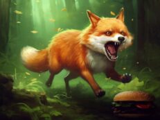 A fox running towards a burger.