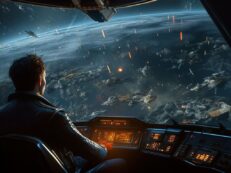 A man in a cockpit of a spaceship.