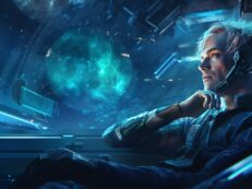 A man in a space suit looking out a window.