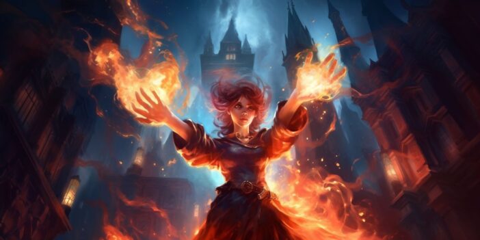 A woman holding fire in front of a castle.