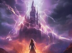 A woman standing in front of a castle.