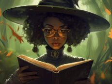 A woman wearing a hat and glasses reading a book.