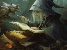 A witch is reading a book in the woods.