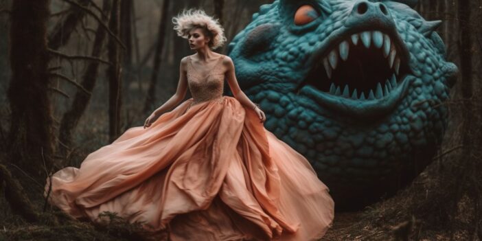 A woman in a dress next to a giant creature.