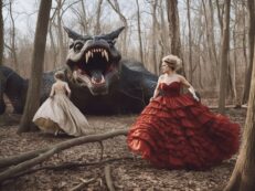 A woman in a red dress in the woods next to a dinosaur.