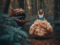 A woman in a dress walking in a forest.