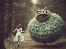 A woman running in a forest with a giant creature.