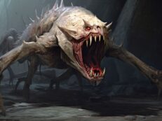 A creature with a large mouth is walking through a cave.