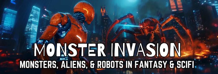 A robot faces off against a monster giant spider, in a futuristic city.