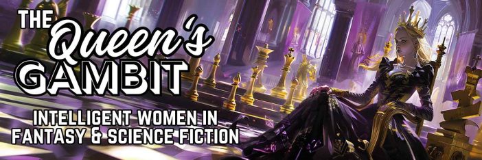 Epic fantasy queen sits on her throne, dressed in beautiful gown and crown, contemplative. She is surrounded by giant chess pieces. Background epic cathedral with stone columns.