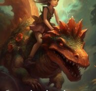 A cartoon of a girl riding a dragon.