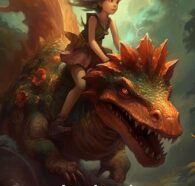 A cartoon of a girl riding a dragon.