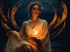 Isme, heroine from Daughter of Orpheus, wearing an orange greek robe, holding a torch. Priestess of Delphi