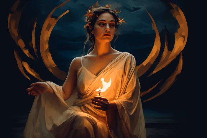 Isme, heroine from Daughter of Orpheus, wearing an orange greek robe, holding a torch. Priestess of Delphi