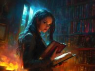 Witch in library reading magical books.