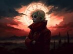 Ellie Sullivan, a grim reaper from Eternity's Echo, in front of a clock motif.