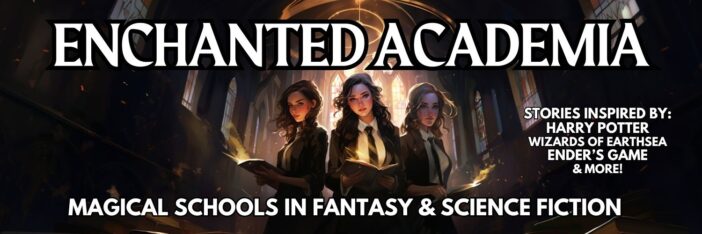 A banner for the "Enchanted Academia" fantasy and science fiction giveaway featuring books about magical schools. Image of three young witches in school uniforms with magical grimoires in an old stone castle.