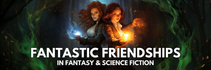 Promotional banner for the "Fantastic Friendships in Fantasy and Science Fiction" ebook giveaway. Image of two best friends working magic spells with epic glowing green fire in a dank cave.
