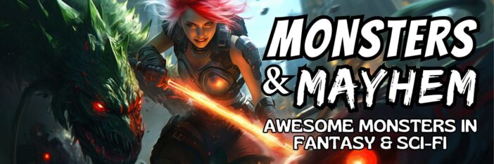 Promotional banner for the "Monsters & Mayhem" fantasy and science fiction ebook giveaway with tons of awesome monsters. Image of dramatic dangerous woman with laser sword who is grinning while fighting green lizard monsters.