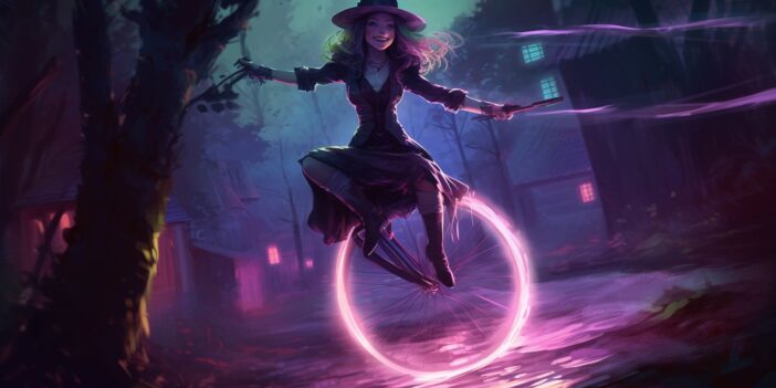 A witch riding a unicycle, neon wheels. {{brizy_dc_image_alt imageSrc=