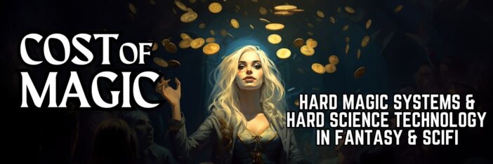A promotional banner for the "Cost of Magic: hard magic systems in fantasy and science fiction" giveaway, featuring a witch showering magic gold coins on an audience.