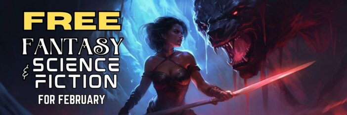 A promotional banner for the "Free Fantasy & Science Fiction for February 2024" giveaway, featuring a barbarian woman with a magic spear battling a giant wolf monster in a cave.