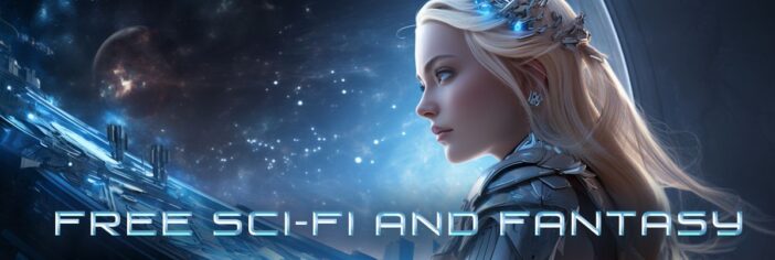 A promotional banner for the "Free Sci-Fi and Fantasy" giveaway, featuring a futuristic elf queen looking down from space onto a massive spaceship.