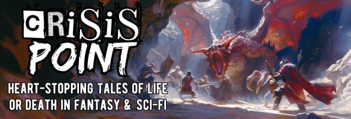 A group of fantasy adventurers RPG style with armor and weaponry are battling a roaring dragon with outstretched wings in a cavern.