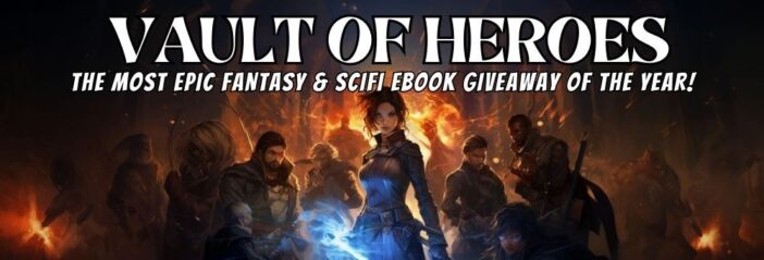 A promotional banner for the "Vault of Heroes" giveaway, featuring a group of epic heroes in front of magic spells.