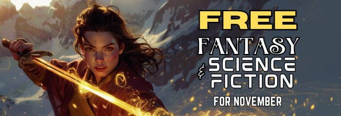 Female knight with magic glowing sword in a winter landscape, warrior theme, fantasy ebooks.