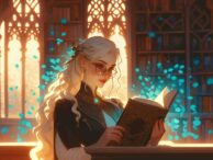 Beautiful witch with glasses and blonde hair reading a magical book in a cathedral-like library.